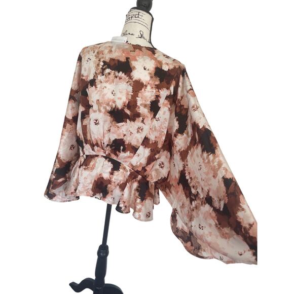 NY & Co. BLOUSE BATWING SLEEVES BROWN CREAM SZ XXL V NECK RUFFLE AESTHETIC CORE - Picture 16 of 16